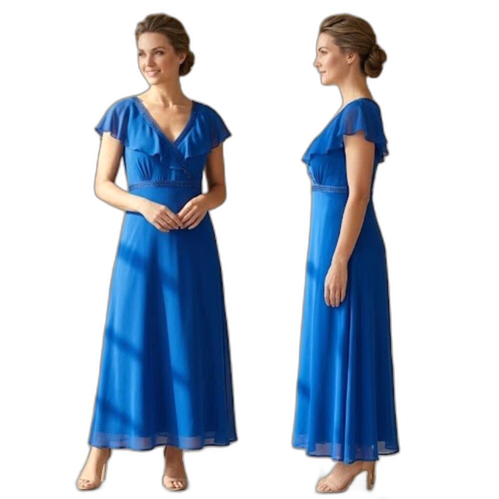 Bicé Blue Lined Dress Size 12 Ruffle V Neck Beaded Trim Cap Sleeve NWOT